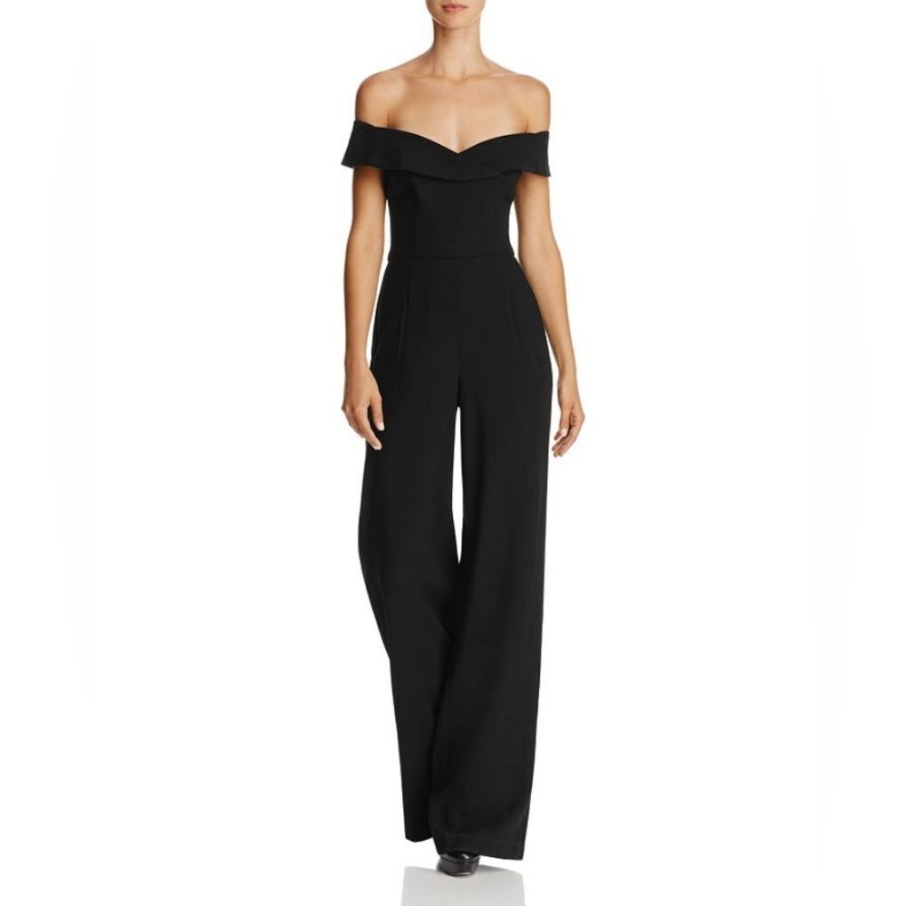 Black Halo Yoli Off-the-Shoulder Wide Leg‎ Jumpsuit 4 Tailored Fit Sophisticated